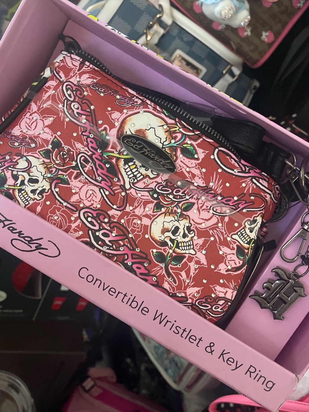 Ed Hardy Red Skull & Rose Convertible Wristlet with Black Trim